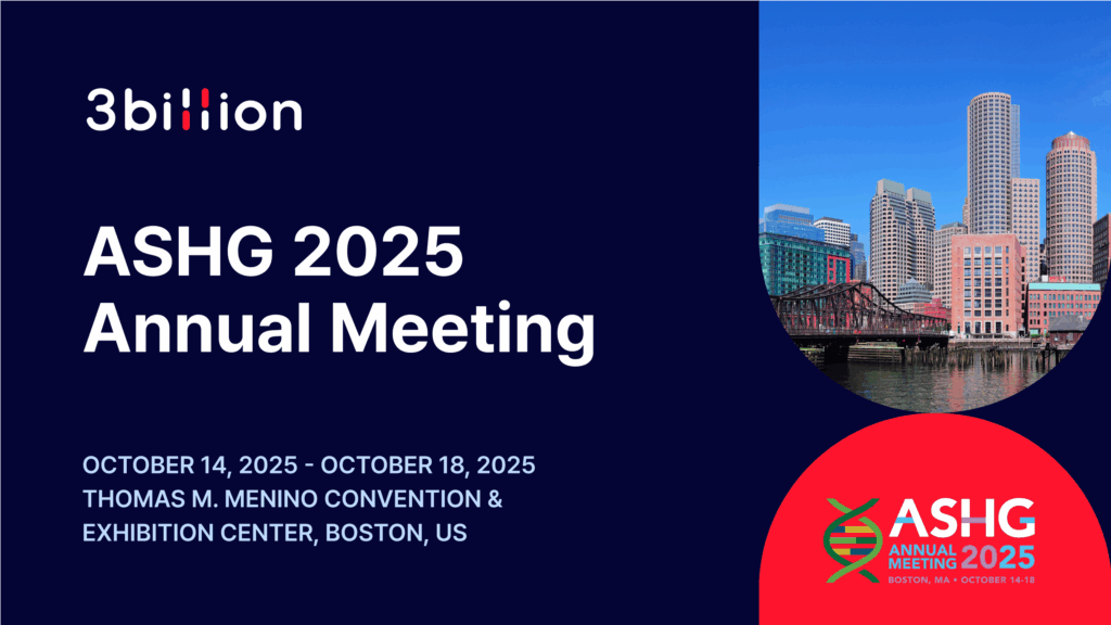 Banner announcing 3billion's presentation at the ASHG 2025 Annual Meeting. The date is October 14-18, 2025, in Boston, US, showing the Boston skyline and a waterfront view.