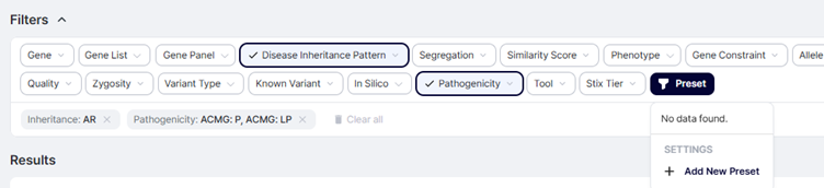 Screenshot showing how to save filter settings as a Preset in GEBRA, with options like “Add New Preset” for creating reusable filter combinations.