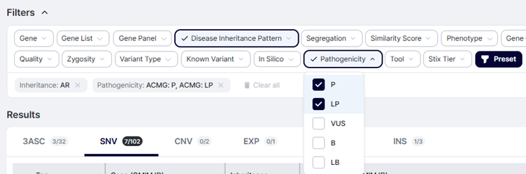 Demonstration of GEBRA Filters applied for “Pathogenicity,” showing ACMG classifications P (Pathogenic) and LP (Likely Pathogenic) selected to refine variant results.