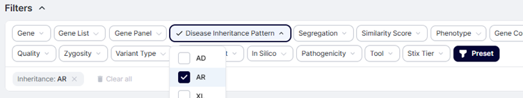 Example of GEBRA Filter in use, where “Disease Inheritance Pattern” is selected with the option ‘AR’ (Autosomal Recessive) checked to narrow down genetic variants.