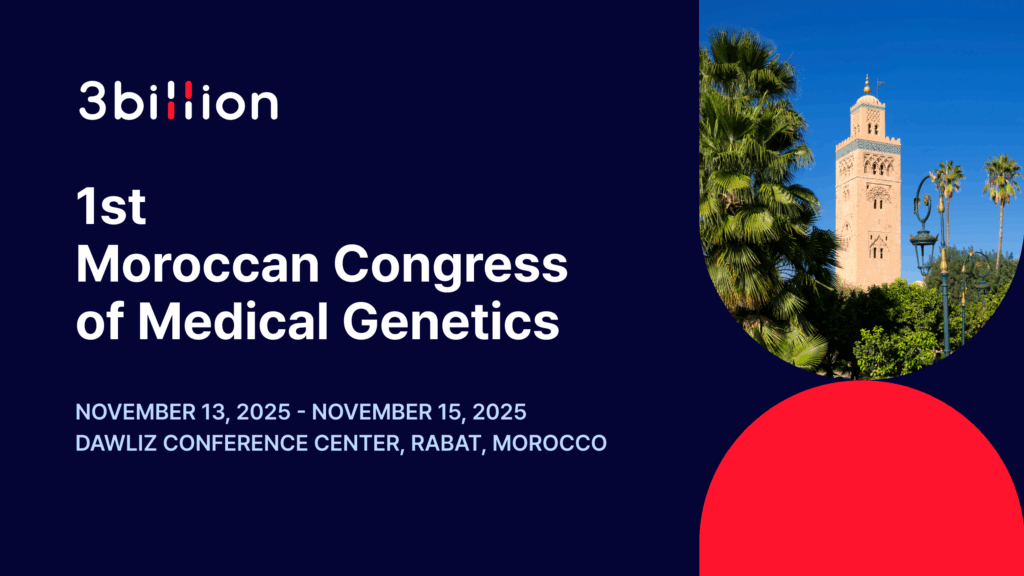 Promotional banner for 3billion’s participation in the 1st Moroccan Congress of Medical Genetics (MCMG 2025), held November 13–15, 2025, at the Dawliz Conference Center in Rabat, Morocco, featuring the Hassan Tower and palm trees under a clear blue sky.