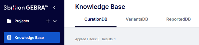 Screenshot of GEBRA Knowledge Base showing CurationDB, VariantsDB, and ReportedDB tabs for variant tracking and review.